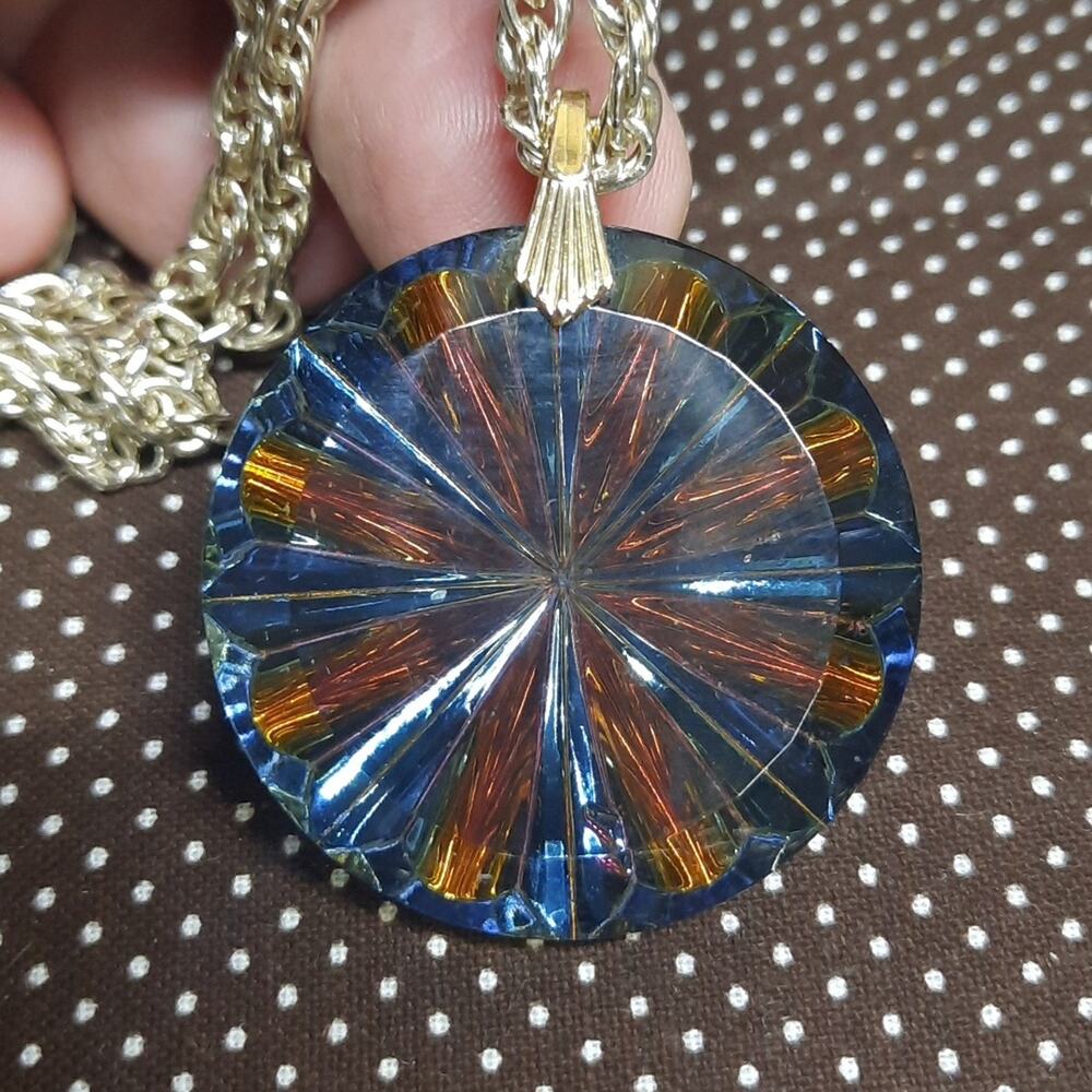 Vintage Multicolored Grooved Glass Pendant Silver Colored Chain Necklace Germany